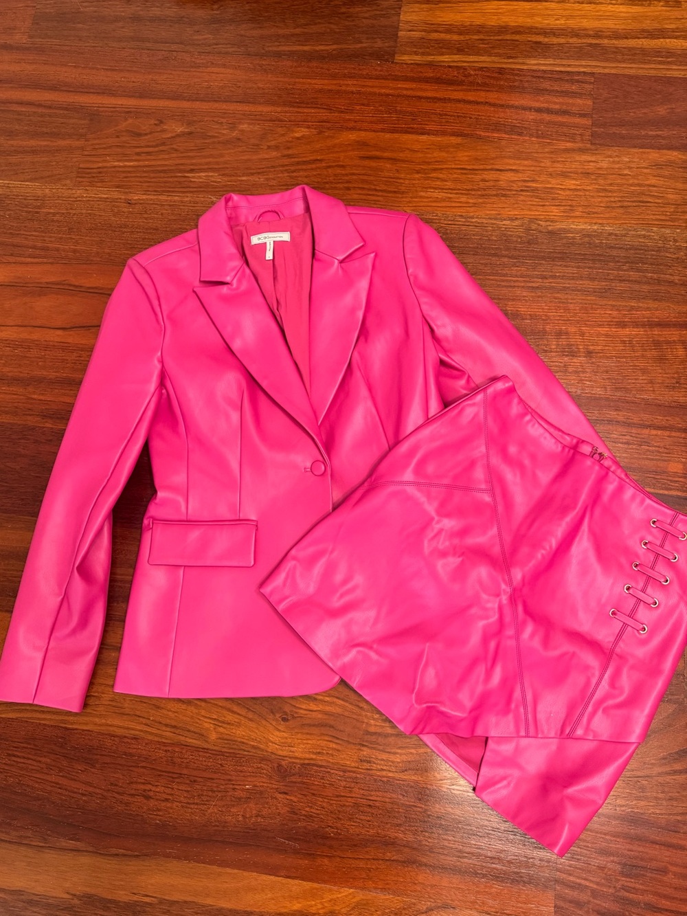 BCBGeneration Hot Pink Faux Leather Blazer & Skirt Set